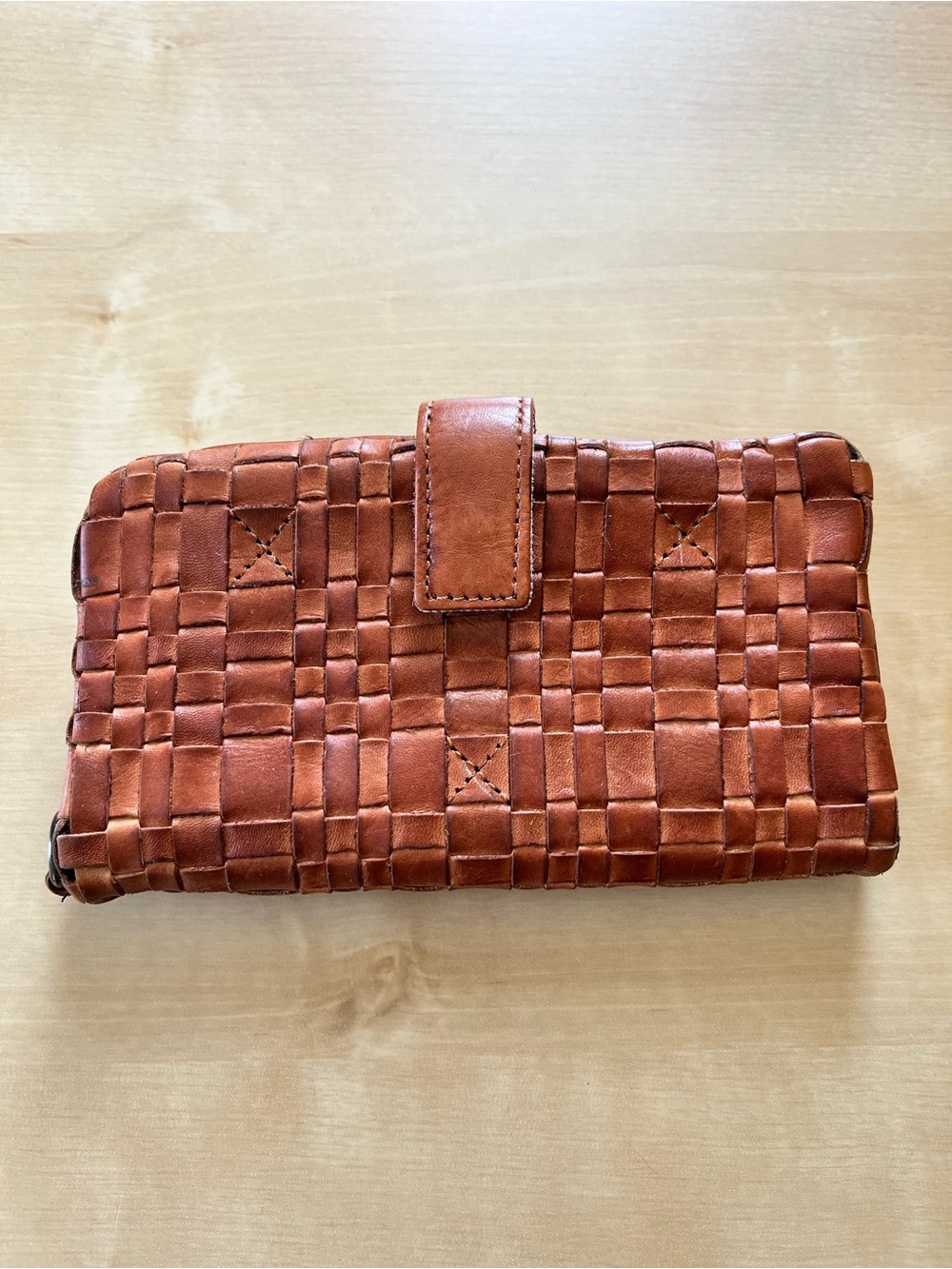 Woven Leather Zip-Around Wallet in Cognac